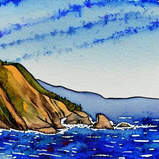 Image similar to a beautiful watercolor and pen painting of the california coastline