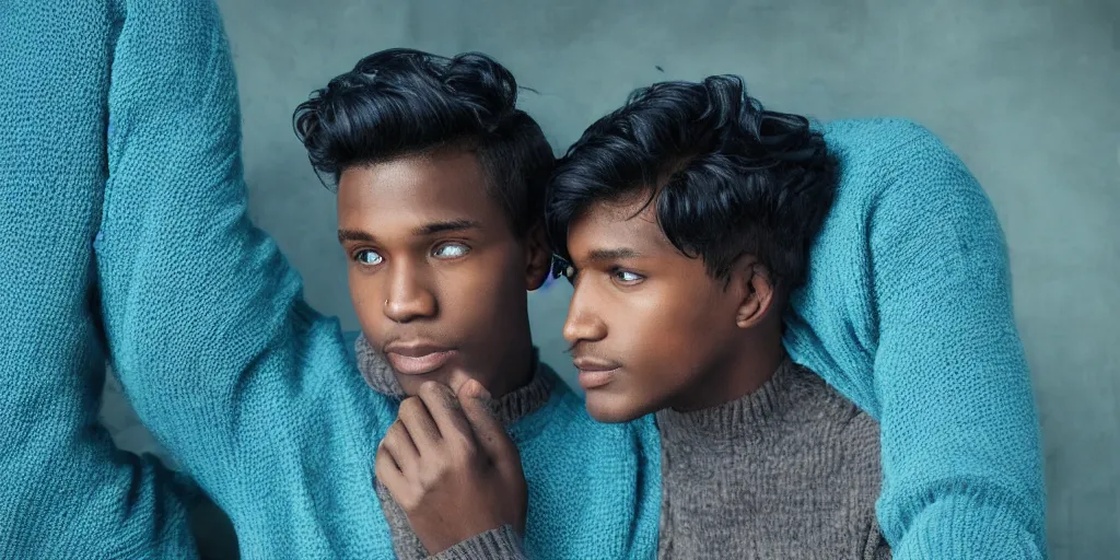 Image similar to Male, Male, Male, Male, Male, short hair, blue hair, dark skin, teal sweater, wavy hair, photograph, hd,