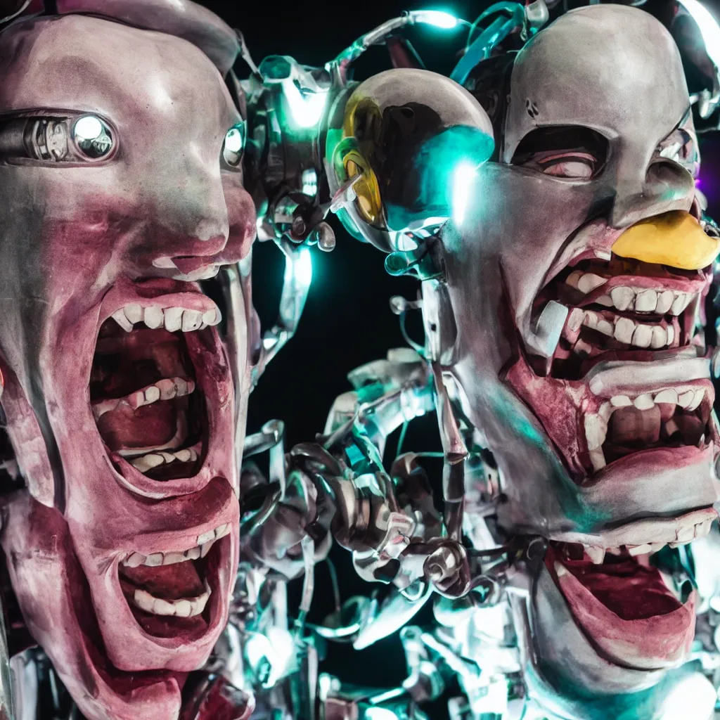 Prompt: closeup portrait of a robot clown laughing, uplighting