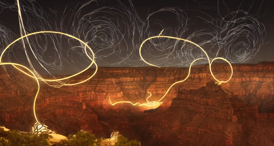 Image similar to miniature installation, macro photography, night, a lot of people and a spiral - shaped white luminous attractor is floating in grand canyon, concept art, art for the game, professional lighting, art