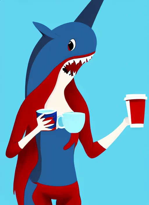 Image similar to female anthropomorphic blue shark with red hair holding a cup of coffee, cinematic lighting, hyper detailed, digital art, furry art style