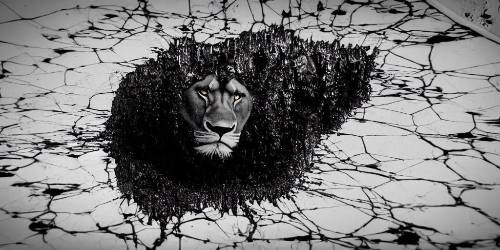Prompt: the black lioness made of ferrofluid, dripping tar, drooling ferrofluid, crawling out of the air vent. dslr, photography, animal photography, goo, reflections, sticky, melting