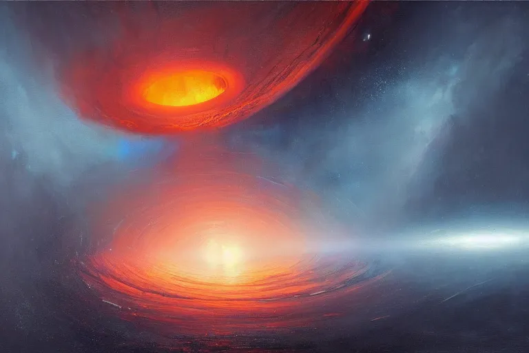 Image similar to a beautiful oil painting of the event horizon of a black hole, orange, warping, detailed, beautiful, awe - inspiring, bright, by greg rutkowski, trending on artstation