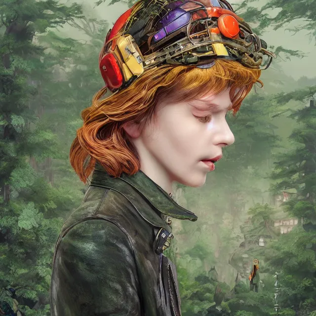 Image similar to portrait of alone androgynous girl wearing bakelite leather jacket, bakelite rocky mountains, moss green japanese haunted forest background, ultrafine hyperdetailed illustration by hsiao - ron cheng and artgerm, modular synthesizer 8 0 s sony stereo helmet backpack, the grand budapest hotel, glow, no crop, digital art, artstation, pop art