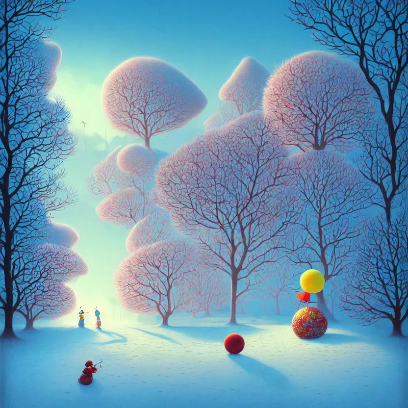 Image similar to snow ball, summer morning, very coherent and colorful high contrast, art by! gediminas pranckevicius! geof darrow, pastel color, volumetric lighting, cinematic, floralpunk screen printing woodblock, dark shadows, hard lighting, stippling art