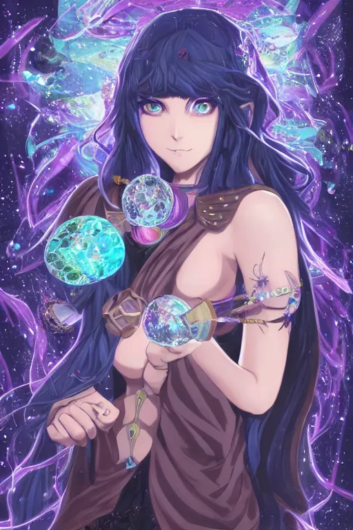 Image similar to acid trip, hall of mirrors, intricate, highly detailed, anime, 4k, a beautiful seductive lucina from fire emblem holding a crystal containing the universe, with professional makeup, long trippy hair, surrounded by gems, underneath the stars, trending on patreon, deviantart, twitter, artstation, volumetric lighting, heavy contrast, by artgerm and Ilya Kuvshinov and alphonse mucha