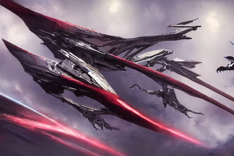 Image similar to gnostic space nebula framing a pteranodon mecha interceptor, small against the backdrop of space, white john berkey armor panels, wine-red and grey trim, robotech styling, with white Kanji markings outlined in black, boeing concept art painting, cinematic lighting, amazing lifelike cinematic photo render