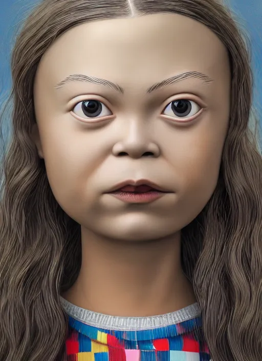 Image similar to closeup profile portrait of tin toy greta thunberg wearing a bikini, depth of field, zeiss lens, detailed, symmetrical, centered, fashion photoshoot, by nicoletta ceccoli, mark ryden, lostfish, breathtaking, 8 k resolution, extremely detailed, beautiful, establishing shot, artistic, hyperrealistic, octane render
