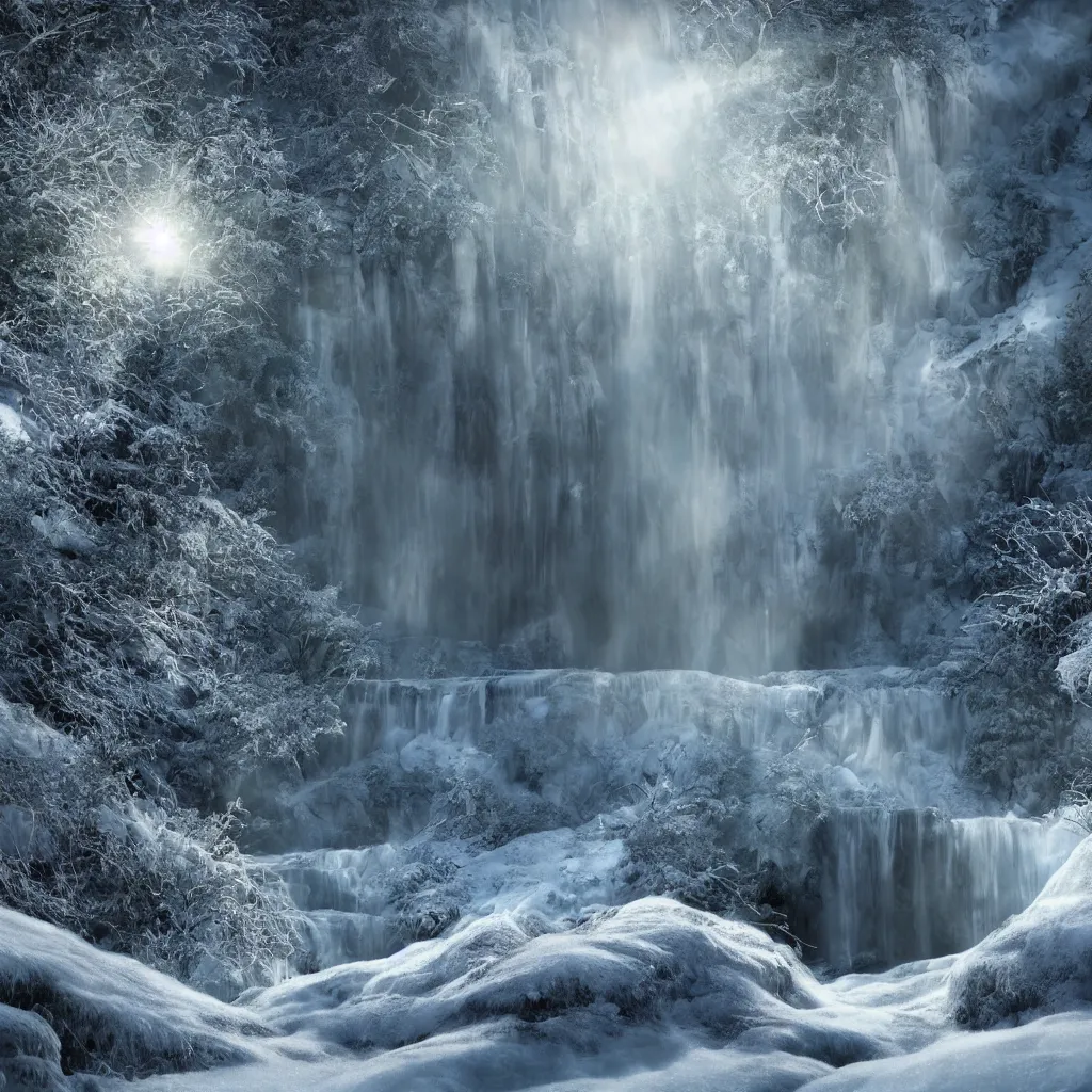 Prompt: infinite waterfall snowy landscape sun halo, octane render, dramatic, depth of field