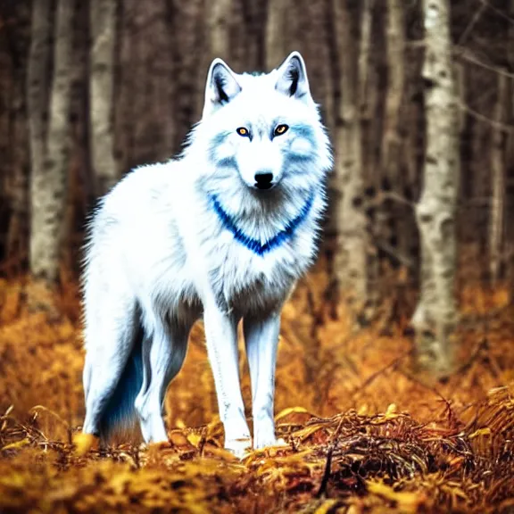 Image similar to white wolf with blue eyes stands in a dormant autumn forest, no yellow color in eyes, no yellow color, realistic