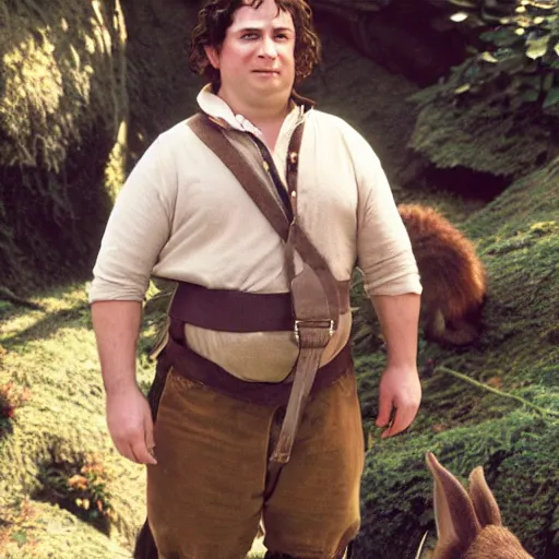 Image similar to clean shaven pudgy British lad with short curly dark brown hair as a hobbit wearing a white men's crossbody sling chest bag and blue vest standing next to a giant rabbit, high resolution film still, movie by Peter Jackson