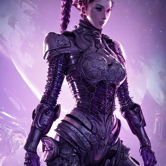 Image similar to close up portrait of a woman in powerful purple sci - fi armor with a black ponytail, elegant, stoic, intense, ultrafine hyperdetailed illustration by kim jung gi, irakli nadar, intricate linework, sharp focus, bright colors, octopath traveler, final fantasy, unreal engine 5 highly rendered, global illumination, radiant light, detailed, intricate environment