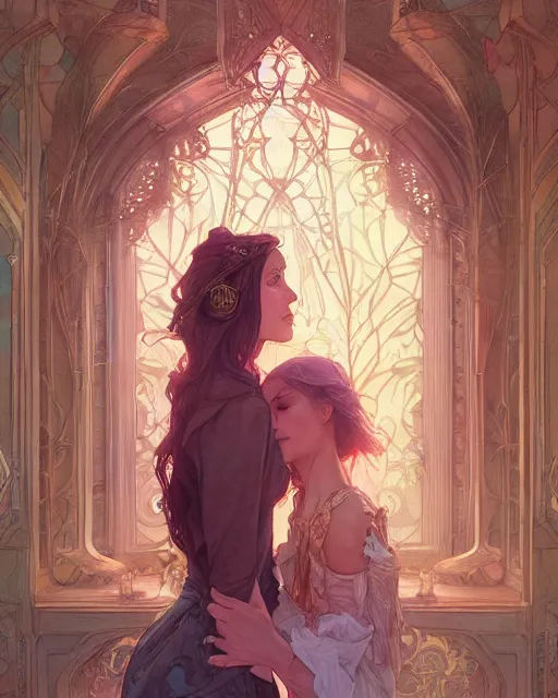 Image similar to secret romance, highly detailed,, gold filigree, romantic storybook fantasy, soft cinematic lighting, award, disney concept art watercolor illustration by mandy jurgens and alphonse mucha and alena aenami, pastel color palette, featured on artstation