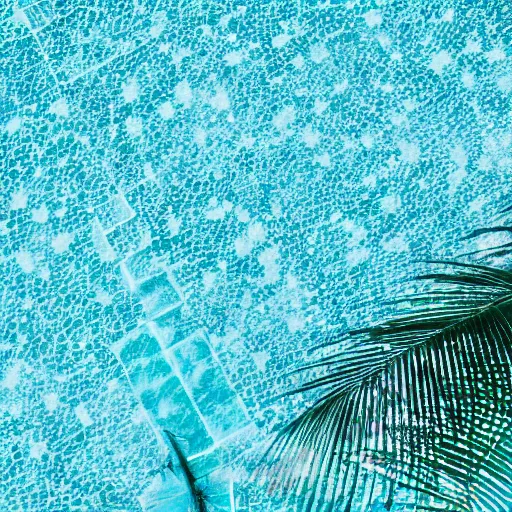 Prompt: close up aerial view photo of a sparkling swimming pool with palm tree leaves on the edges, pastel faded effect, synthwave colors, 8K