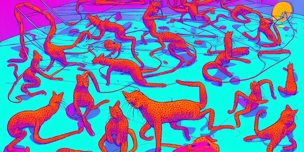 Image similar to risograph of electric cats that fly over ice, a lot of tv screens around, shrimps are all over the ground, acid and dreaming psychedelic hallucinations, by moebius, colorful surreal design, hd, 8 k, artstation