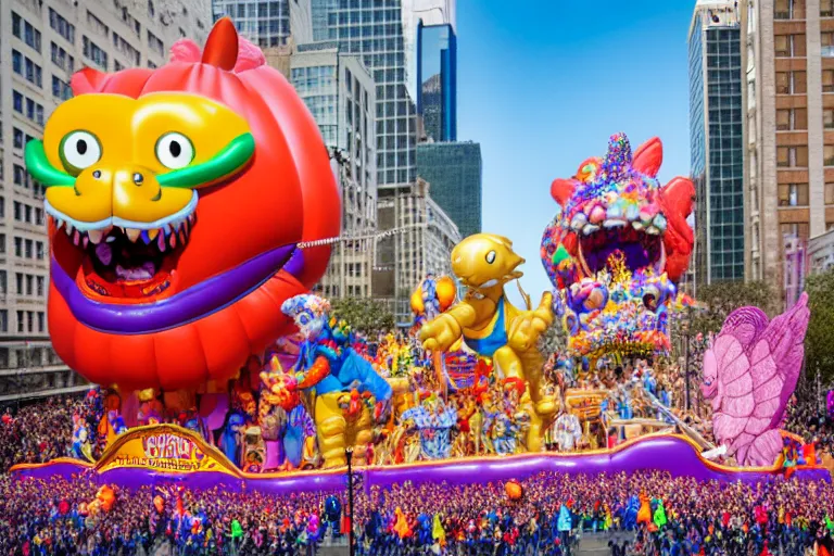 Image similar to photo of giant elaborate parade float designed by geoff darrow!!!! and ( ( ( ( ( ( lisa frank ) ) ) ) ) ), in the macys parade, detailed 4 k photo