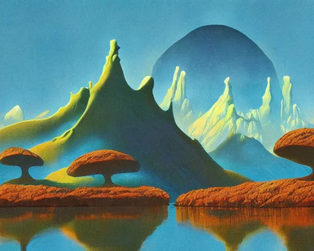 Prompt: roger dean 1 9 8 0 s art of distant mountains strange bizarre alien planet surface lakes reflective clear blue water, rainbow in sky, imagery, illustration art, album art