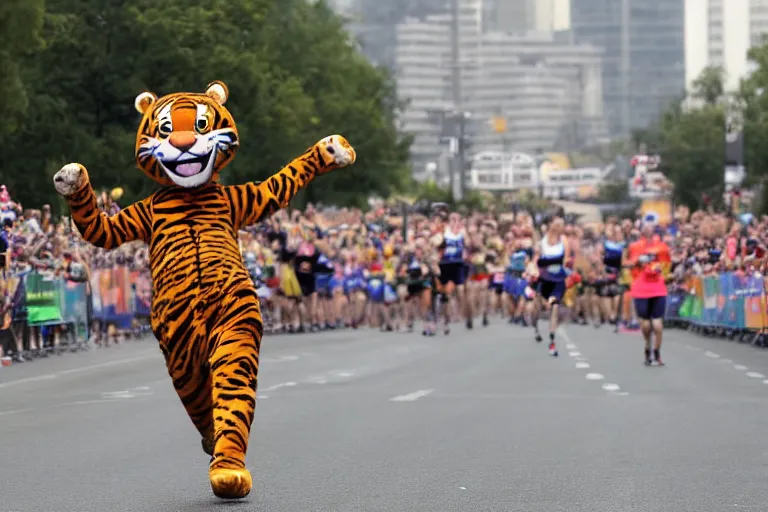 Prompt: tony the tiger crosses the finish line of a marathon, associated press photo, award winning, dynamic pose