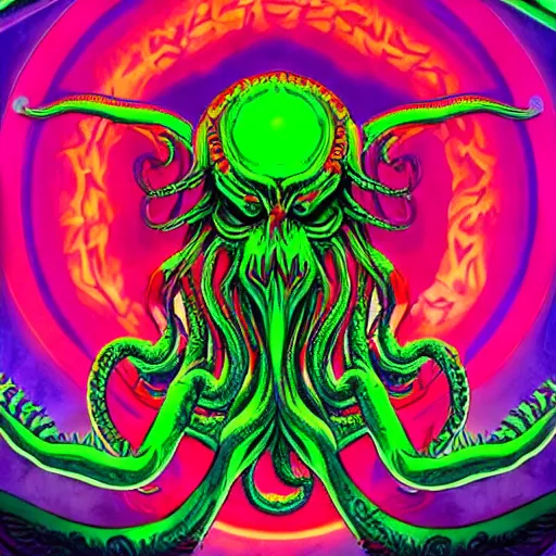 Image similar to 4 k stylized neon headshot of godlike cthulhu with defined arms and open hands and bloody clothes with giant mandala wings, intricate face, flawless anime cel animation by kentaro miura, psychedelic, highly detailed upper body, professionally post - processed, beautiful, scary, symmetry accurate features, epic, octane rendered, anime masterpiece, accurate