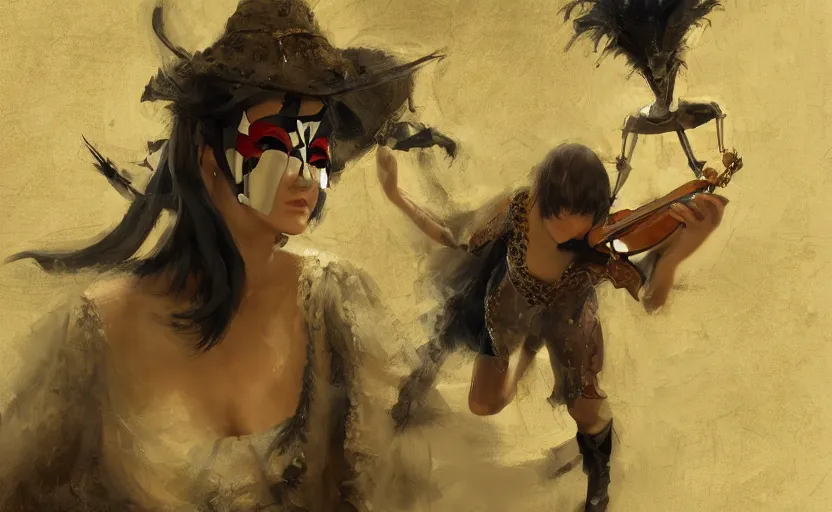 Prompt: craig mullins and ghibli digital art of on the stage of the theater, a masked female violinist performs solo, dressed in exotic costumes, gold jewelry, and black hair realistic shading, cinematic composition, realistic render, octane render, detailed textures, photorealistic, wide shot