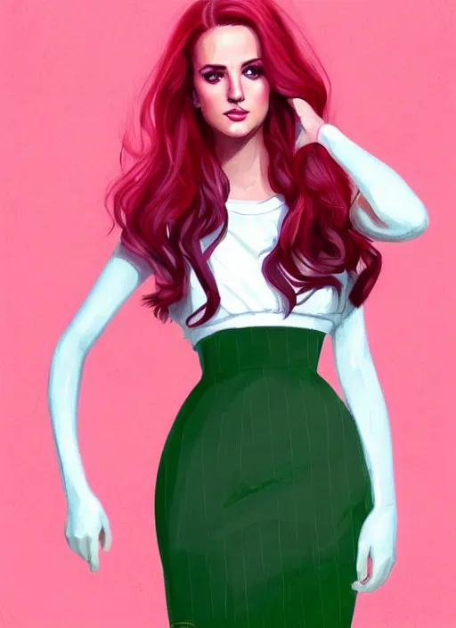 Image similar to full body portrait of teenage cheryl blossom, bangs, green eyes, sultry expression, red hair, sultry smirk, bangs and wavy hair, pink skirt, intricate, elegant, glowing lights, highly detailed, digital painting, artstation, concept art, smooth, sharp focus, illustration, art by wlop, mars ravelo and greg rutkowski