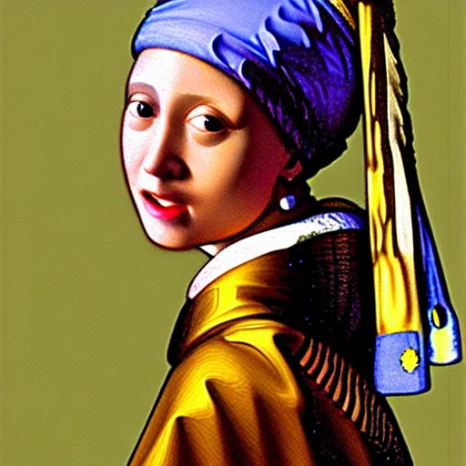Image similar to a colorful girl with high detail smiles sweetly, in the style of Girl with a Pearl Earring by Johannes Vemeer, masterpiece, old master, grand master