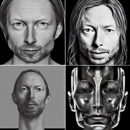 Image similar to version collage, hyper realistic, many variations of very old thom yorke, face variations, statue of ultron body, very long shot, cybernetic, high quality, brush stroke