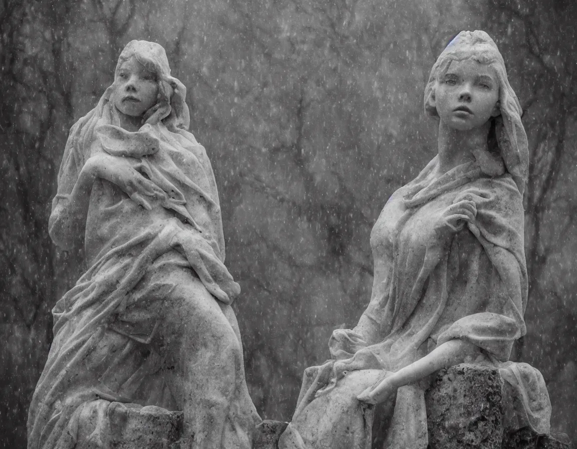 Prompt: broken marble sculpture of anya taylor joy in a foggy castle garden, gloomy, photography