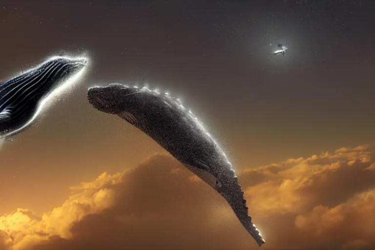 Prompt: a humpback whale flying over the superbowl cinematic lighting by Jessica Rossier