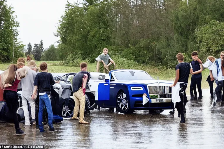 Image similar to A group of teenagers are behind a Rolls-Royce holding him by the boot and pushing him into a white lake from a small slide