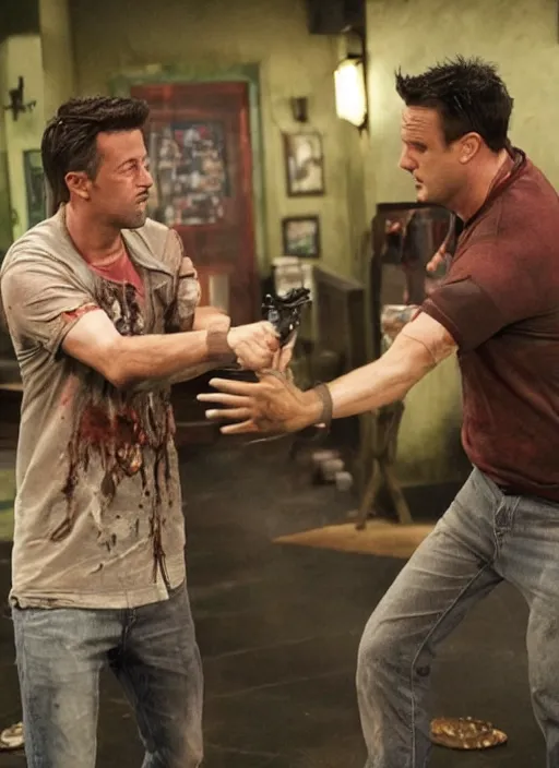 Prompt: a scene from friends where joey and chandler fight zombies, face enhance, realistic, intricate details, masterpiece, shaun of the dead, izombie, ultra detailed, octane render, lovecraftian, horror, dead space, the walking dead