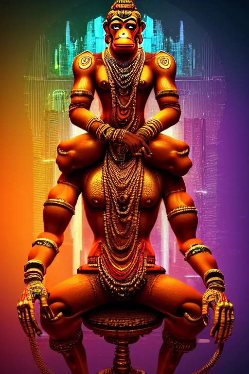 Image similar to high quality 3 d render colorful cyborg! hanuman sitting, gold madhubani, highly detailed, cyberpunk!! mumbai in the background, unreal engine cinematic smooth, szukalski & blade runner, moody light, low angle, uhd 8 k, sharp focus