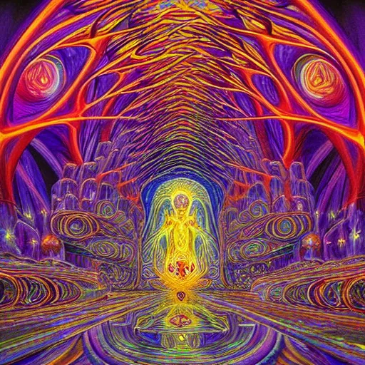 Image similar to beautiful painting of the inside of a dmt cathedral filled with magical energy and infinite rooms by moebius and alex grey