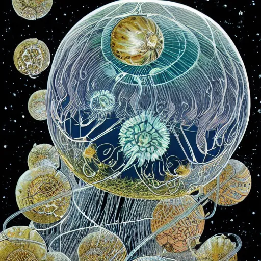 Prompt: space jellyfish by geoff darrow and ernst haeckel