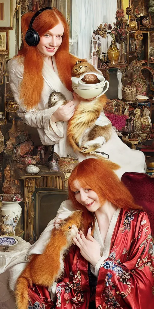 Image similar to a stunning hyper-detailed photorealistic painting of only one slender beautiful smiling woman with long ginger hair and bangs, wearing a luxurious silk robe, wearing headphones and posing with her large ginger tabby cat and her raccoon and parrots in an overstuffed easy chair in her sunlit victorian living room, holding a porcelain parrot-shaped coffee mug and a donut, perfect eyes, fashion photography, cinematic lighting, octane render, IBEX Masters, unreal engine, 85 mm lens,