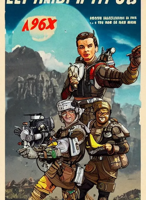 Image similar to apex legends in 1 9 5 0 s sci - fi movie poster, retrofuturism, highly detailed,