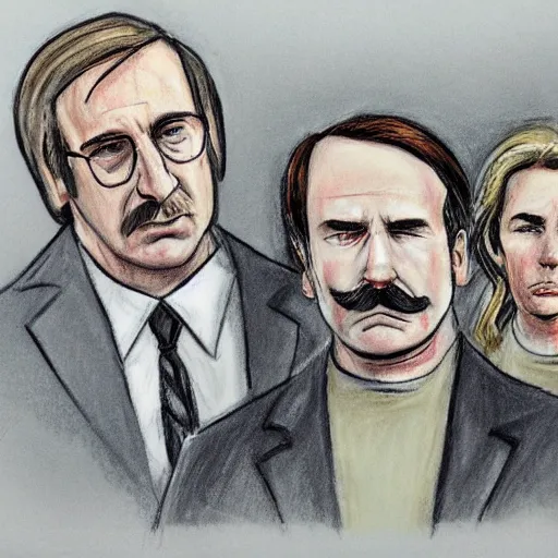 Prompt: court sketch of saul goodman and team looking defeated, with trimmed mustache, wearing glasses, wearing prison jumpsuit, testifying, sketch by jeff kandyba, jane rosenberg, elizabeth williams, howard brodie, marilyn church h