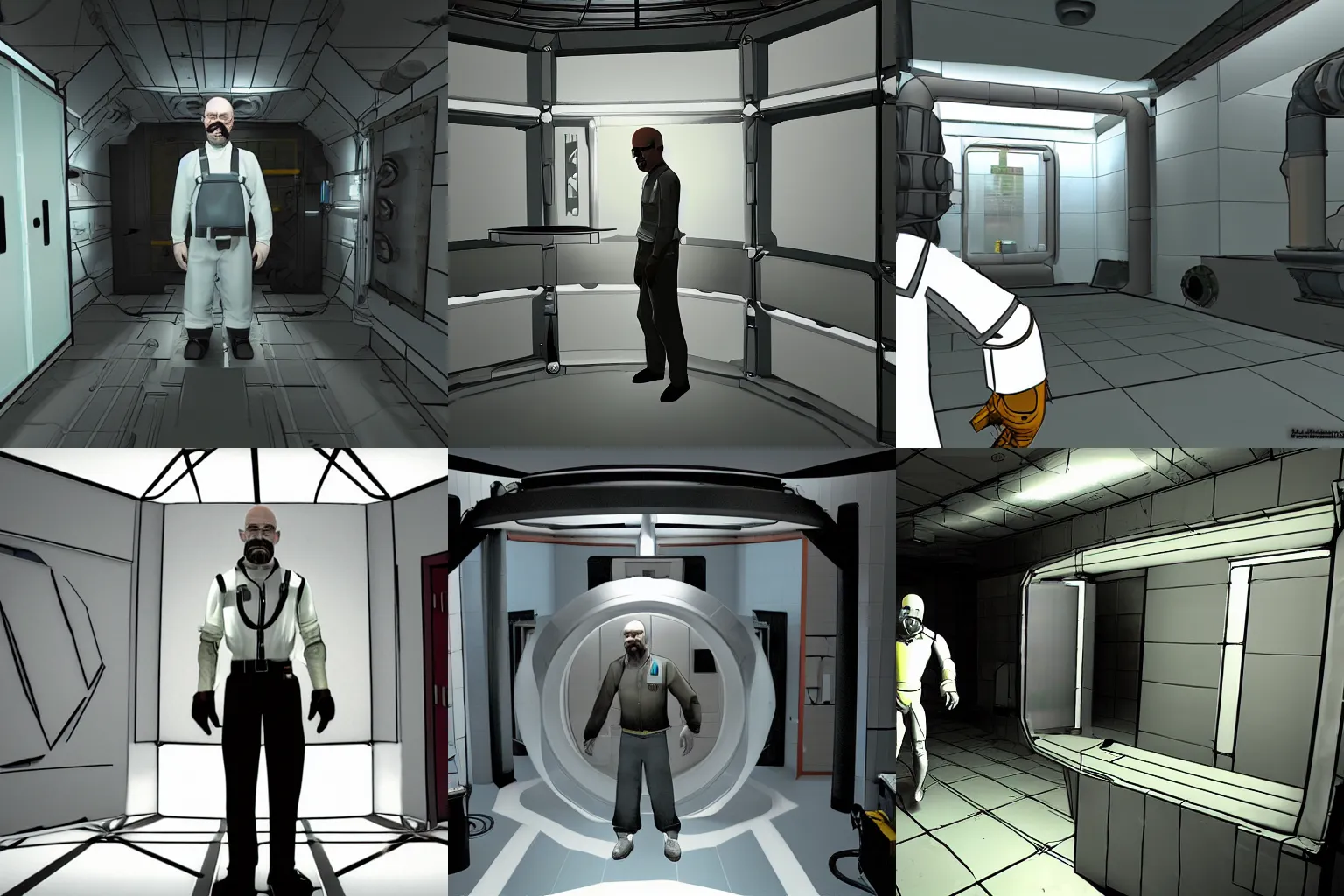 Prompt: Walter White in Aperture Science test chamber, photograph, portal, liminal space