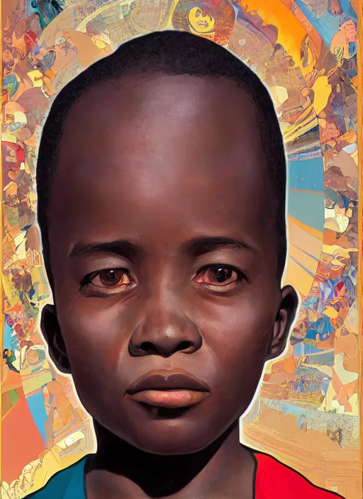 Prompt: colourful upper half portrait of an african boy with proportions in the style of jack davis - presented in magazine collage, art hsiao - ron cheng & alphonse mucha, magazine collage, highly detailed, caricature, digital painting, concept art, ray tracing, illustration, smooth, sharp focus, intricate, symmetry, pinterest, behance, artstation