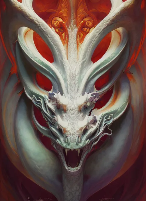 Prompt: subsurface scattering, mask of a dragon, white, art nouveau swirls, vibrant colors, octane render, by jesper ejsing, james jean, justin gerard, tomasz alen kopera, cgsociety and fenghua zhong, highly detailed, rim light, art, cinematic lighting, very coherent, hyper realism, high detail, 8 k