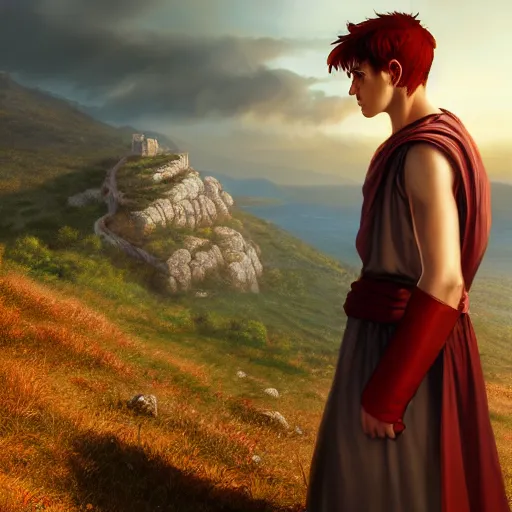 Prompt: young roman man with red hair in a tunic standing on a ridge in greece 4 k, concept art, by wlop, ilya kuvshinov, artgerm, krenz cushart, greg rutkowski, pixiv. cinematic dramatic atmosphere, sharp focus, volumetric lighting, cinematic lighting, studio quality