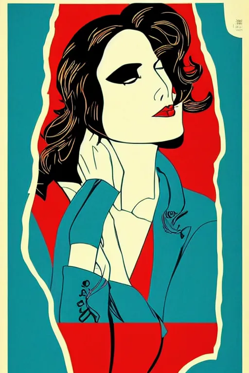 Image similar to Shepard Fairey Patrick Nagel poster of a Famous Actress posed in profile, she has beautiful bone structure and long hair. Eyes closed. highly detailed.