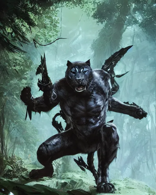 Image similar to Panther warrior in armor sneaking in jungle, portrait, dark fur, glowing eyes, magic the gathering artwork, D&D, fantasy, cinematic lighting, centered, symmetrical, highly detailed, digital painting, artstation, concept art, smooth, sharp focus, illustration, volumetric lighting, epic Composition, 8k, art by Akihiko Yoshida and Greg Rutkowski and Craig Mullins, oil painting, cgsociety