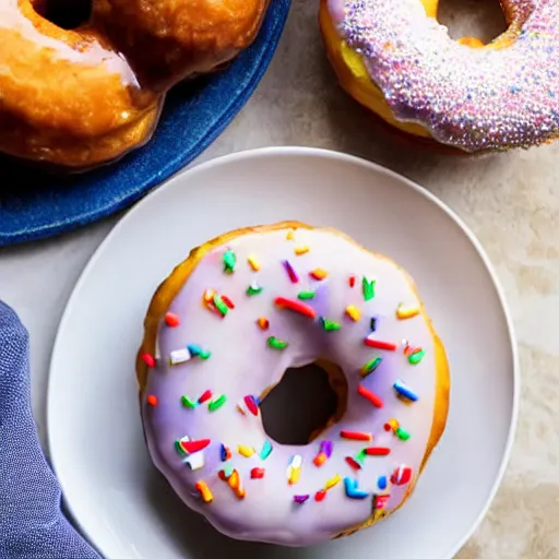 Prompt: a delicious donut sitting on a plate, food shot