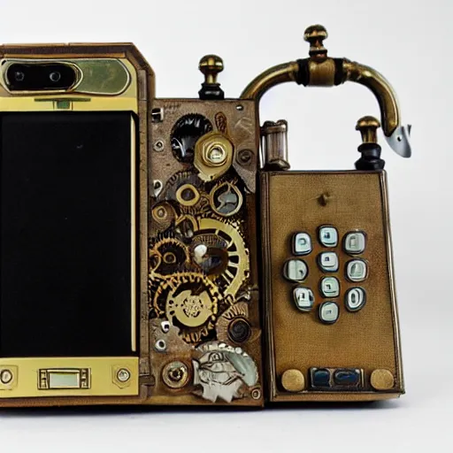 Image similar to an extremely complex and advanced steampunk cellphone from the 1940s