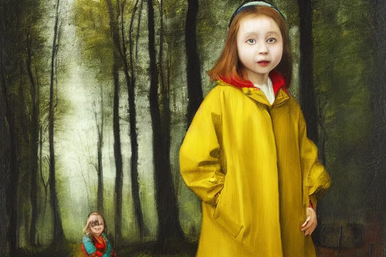 Image similar to a hyperdetailed digital oil portrait painting of a little girl in yellow raincoat, forest, bus station, rainny, by brueghel the elder, trending on artstation and deviantart. digital art