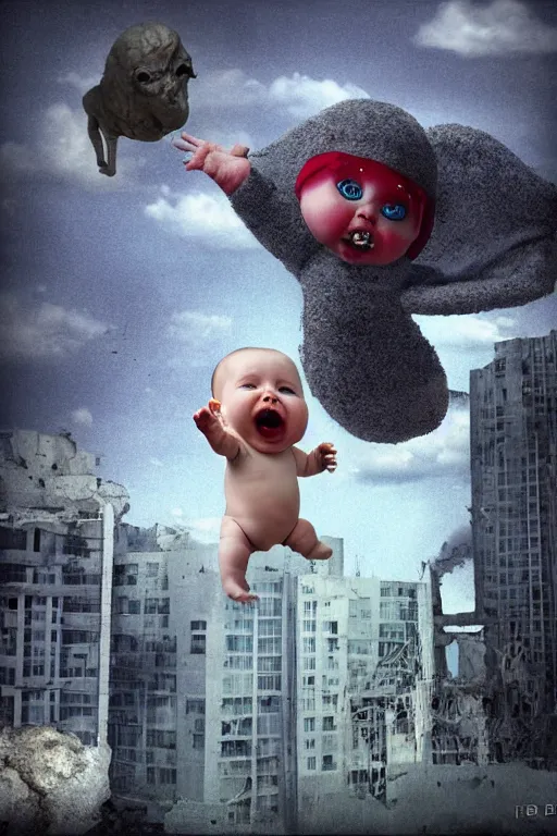 Image similar to evil human giant baby in huggies, grows up to the sky, against the backdrop of destroyed high - rise building, hauntingly surreal, horror, 3 d, 8 k, render, art by fred eric heyman