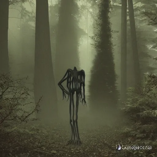 Image similar to ultra realisic creepy long leg monster in a dark forest at midnight