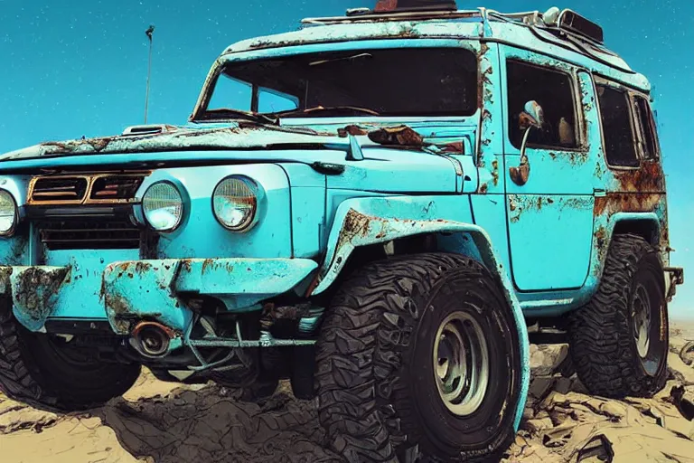 Image similar to digital illustration of a futuristic faded cyan mad max's fj 4 0 decrepit!!!! pursuit special, rusty!!! cyberpunk nissan fj cruiser heavily modded 1 9 9 0 s, the last v 8 interceptor by makoto shinkai, ilya kuvshinov, lois van baarle, rossdraws, basquiat