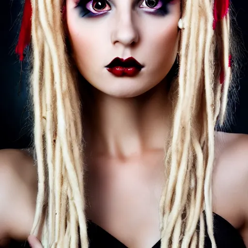 Prompt: modeling headshot photography flawless young beautiful gothic female with blonde and red dreadlocks in a black ballgown, dark, piercing clear eyes, symmetrical golden ration exotic stoic expression, photorealistic, highly detailed, mysterious lighting, smooth, sharp focus, 8 0 mm camera